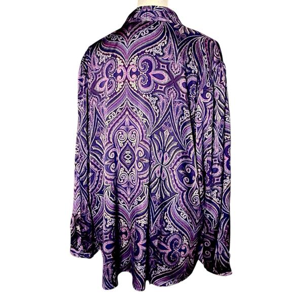 Chico’s Womens Plus Long Sleeve Pleat Scroll Satin Blouse Purple Lotus Petal XXL - Picture 2 of 15